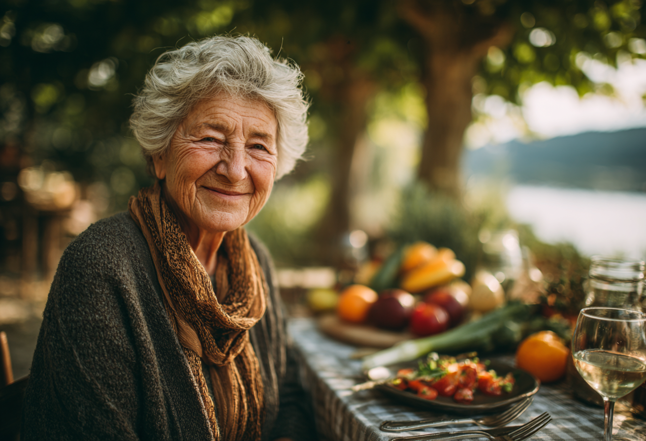 Adulți în vârstă bucurându-se de mese sănătoase și nutritive